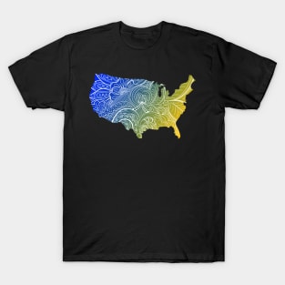 Colorful mandala art map of the United States of America in blue and yellow T-Shirt